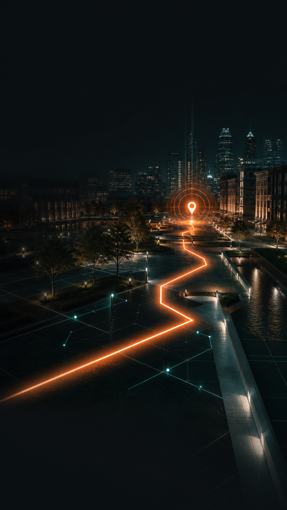 A glowing route through a city plaza leading to a map pin.